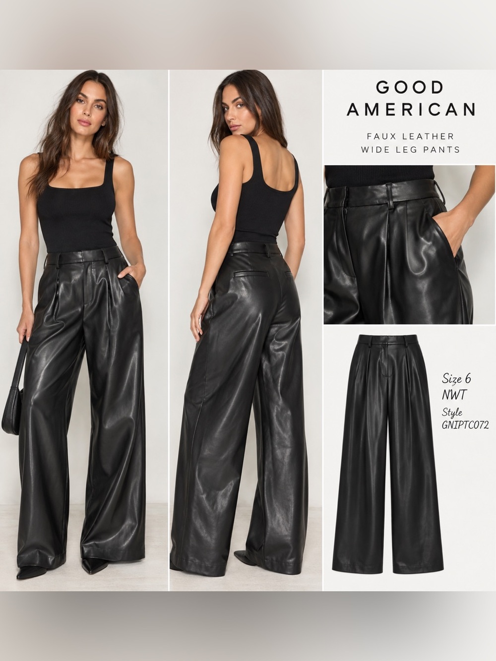 Good American NWT Black Faux Leather Wide Leg Pants Size 6 / 28